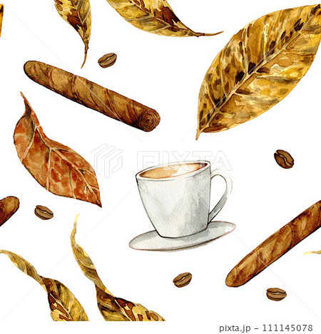 cigars and coffee with tobacco leaves drawn in watercolor, for cards, posters, clipart, pattern cigars and coffee with tobacco leaves drawn in watercolor, for cards, posters, clipart, pattern 111145078