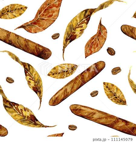 cigars, tobacco leaves and coffee beans. drawn in watercolors, for cards, posters, clipart cigars, tobacco leaves and coffee beans. drawn in watercolors, for cards, posters, clipart 111145079