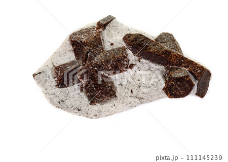macro mineral stone Staurolite on a white background macro mineral stone Staurolite on a white background 111145239