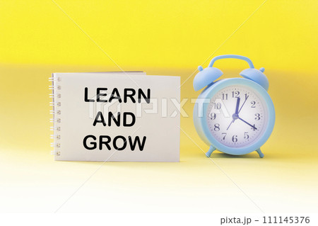 Learn and grow the symbol. Conceptual words Learn and Grow on notepad and yellow background 111145376
