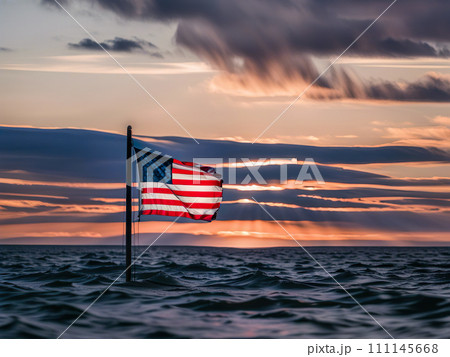 American flag on the sea at sunset or sunrise. Generative AI American flag on the sea at sunset or sunrise. Generative AI 111145668