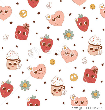 Pink groovy romantic seamless pattern. Vector 1970 retro cute characters with eyes, heart, strawberry, cup 111145793