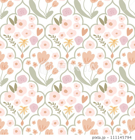Damask hand drawn wallpaper. Pastel tiny flower seamless pattern. Vector floral spring design, print 111145794