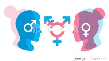 Transgender person, gender identity man and woman. Male, female sex change. Lgbtq pride month. Lgbt people freedom. Trans people head silhouette. No social discrimination, human right equality. Vector 111145867