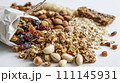 Safari Snacking Adventure: Open Bag with Granola Bars, Nuts, Dried Fruits, and Beef Jerky, PNG Clipart on White Background 111145931