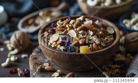Nutrient-rich Bliss: Homemade Trail Mix with Nuts and Fruits, Organic Goodness in Every Delicious Bite 111145934