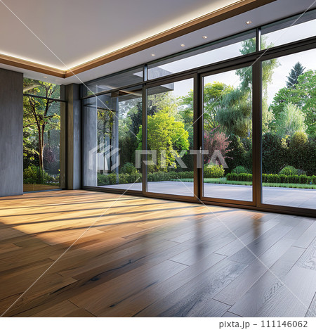 AI-generated content. Modern contemporary empty hall with nature view 3d render, with sunlight shine through a sliding door 111146062