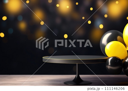 Stylish podium with yellow and black balloons. Mock up for product, cosmetic presentation. Platform for beauty products. Empty scene. Stage, display, showcase. Podium with copy space. Generative AI. 111146206