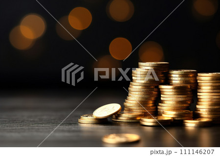 Stacks of golden coins on a dark surface with a blurred bokeh light background, ideal for financial, investment, or savings themed content and promotions. Copy space for text. Generative AI. 111146207