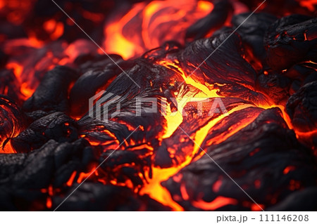 Close-up of molten lava with glowing red and orange hues, ideal for illustrating concepts related to geology, nature, or danger. Generative AI. 111146208