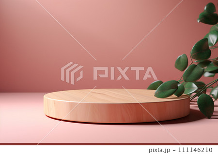 AI-generated content. Round wooden podium for products presentation on rose background with eucalyptus branches. 111146210