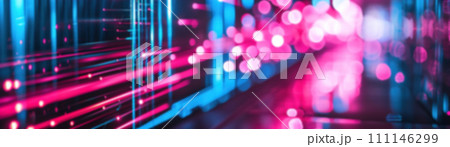 Abstract neon lights with a futuristic cyberpunk vibe, showcasing vibrant bokeh and streaks of pink and blue, ideal for modern tech-themed projects, digital backgrounds, event visuals. Generative AI. 111146299