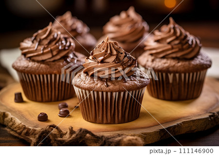 Delicious chocolate cupcakes on a wooden plate Delicious chocolate cupcakes on a wooden plate 111146900