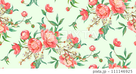 Seamless realistic pattern drawn with pink peonies in a classic oriental style 111146925