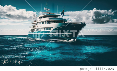 AI-generated content. Low angle view on luxury yacht from the paradise turquoise ocean water surface. Sunny day in tropic sea. Generative AI 111147023