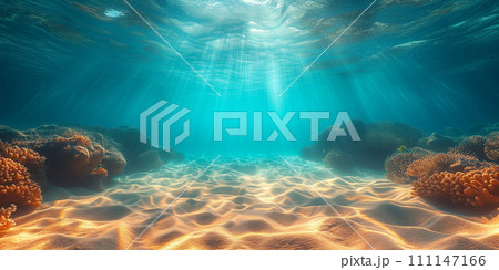 underwater view of coral reef with sunbeams and rays of light 111147166