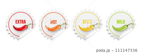 Realistic Vector Round Stickers with Spicy Chili Pepper Levels. Red, Orange, Yellow, Green Jalapeno Pepper Strength Scale Sticker Indicators with Mild, Spicy, Hot and Extra Positions 111147336