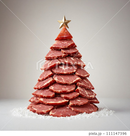 A creative Christmas tree made from stacked slices of fresh meat with a star on top, presented on a white background with a snowy effect. 111147396