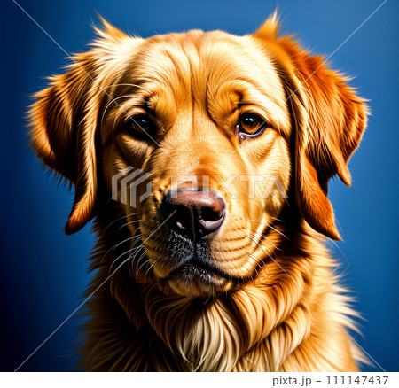 Illustration portrait of a golden retriever, on a blue background Illustration portrait of a golden retriever, on a blue background 111147437