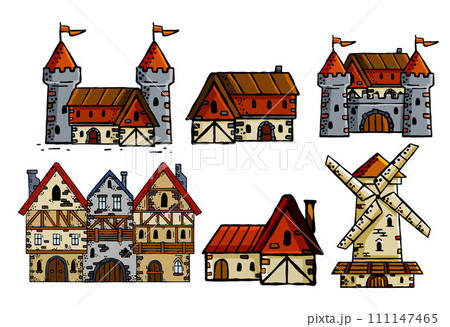 Medieval house. Village building. Old house with chimney. Sketch image of vintage european street. Cartoon retro illustration Medieval house. Village building. Old house with chimney. Sketch image of vintage european street. Cartoon retro illustration 111147465