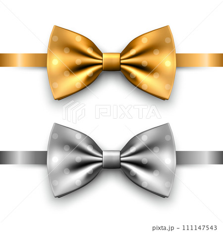 Vector 3D Realistic Golden, Silver Bow Tie Icon Set Closeup Isolated. Silk Glossy Bowtie, Tie Gentleman. Mockup, Design Template of Stylish Bow Tie for Men. Fashion, Father's Day Holiday Concept Vector 3D Realistic Golden, Silver Bow Tie Icon Set Closeup Isolated. Silk Glossy Bowtie, Tie Gentleman. Mockup, Design Template of Stylish Bow Tie for Men. Fashion, Father's Day Holiday Concept 111147543