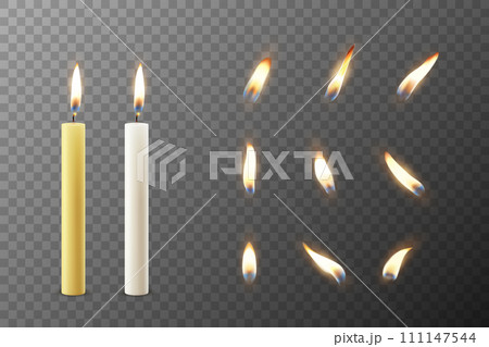 Vector 3D Realistic Paraffin Wax Burning Party Spa Candle and Burning Flame Set Closeup Isolated. Candle, Candle Flame Design Template for Relaxation, Wellness, and Celebration Concept, Front View Vector 3D Realistic Paraffin Wax Burning Party Spa Candle and Burning Flame Set Closeup Isolated. Candle, Candle Flame Design Template for Relaxation, Wellness, and Celebration Concept, Front View 111147544