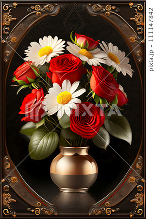 bouquet of red roses and white daisies on a dark background, AI generated 111147842