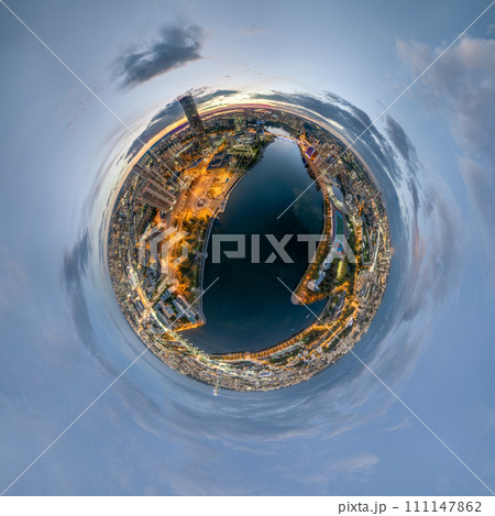 Yekaterinburg city with Buildings of Regional Government and Parliament, Dramatic Theatre, Iset Tower, Yeltsin Center, Aerial View. Little planet sphere mode Yekaterinburg city with Buildings of Regional Government and Parliament, Dramatic Theatre, Iset Tower, Yeltsin Center, Aerial View. Little planet sphere mode 111147862