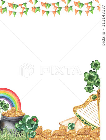 St. Patrick's Day watercolor decoration card. Rainbow, harp, pot of gold, coins money, clover, letter. Hand drawn illustration . For print, design, invitations, etc. St. Patrick's Day watercolor decoration card. Rainbow, harp, pot of gold, coins money, clover, letter. Hand drawn illustration . For print, design, invitations, etc. 111148187