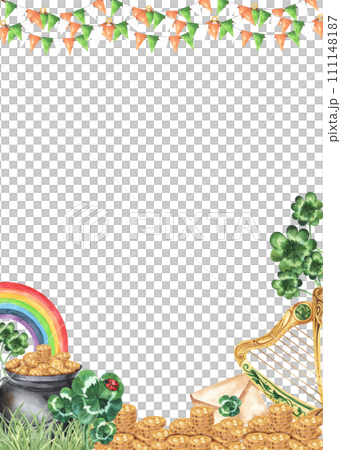 St. Patrick's Day watercolor decoration card. Rainbow, harp, pot of gold, coins money, clover, letter. Hand drawn illustration . For print, design, invitations, etc. St. Patrick's Day watercolor decoration card. Rainbow, harp, pot of gold, coins money, clover, letter. Hand drawn illustration . For print, design, invitations, etc. 111148187
