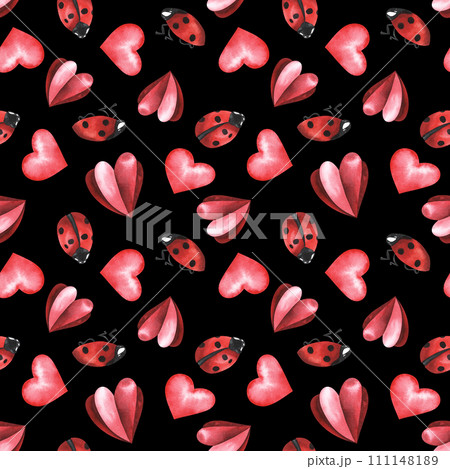 Ladybugs and red hearts. Watercolor hand drawn illustration. Seamless pattern. St valentine's day concept. For textile, fabric, wallpaper, web, packaging paper Ladybugs and red hearts. Watercolor hand drawn illustration. Seamless pattern. St valentine's day concept. For textile, fabric, wallpaper, web, packaging paper 111148189