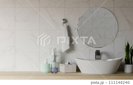 a counter with decoration on top wood with washbasin and modern style white bathroom 3d render, white wall and mirrors, The room has large windows. 3d render a counter with decoration on top wood with washbasin and modern style white bathroom 3d render, white wall and mirrors, The room has large windows. 3d render 111148240
