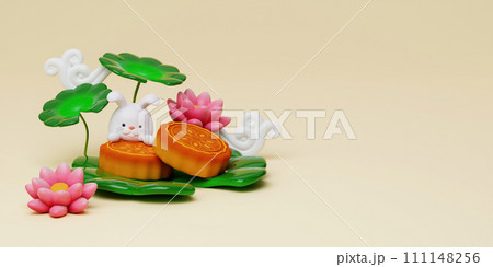 3d cute rabbits on baked mooncake with lotus and cloud on yellow background. Chinese palace aside. Translation: Happy mid autumn festival. 3d render 3d cute rabbits on baked mooncake with lotus and cloud on yellow background. Chinese palace aside. Translation: Happy mid autumn festival. 3d render 111148256