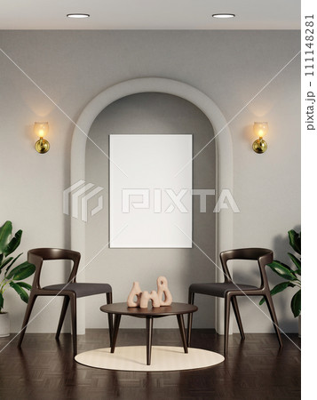 Light living room interior dresser and shelf with art decoration, mockup frame. 3d render illustration Light living room interior dresser and shelf with art decoration, mockup frame. 3d render illustration 111148281