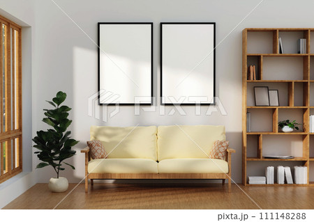 Blank horizontal poster frame mock up in living room interior, modern living room interior background, beige sofa. 3d rendering illustration Blank horizontal poster frame mock up in living room interior, modern living room interior background, beige sofa. 3d rendering illustration 111148288