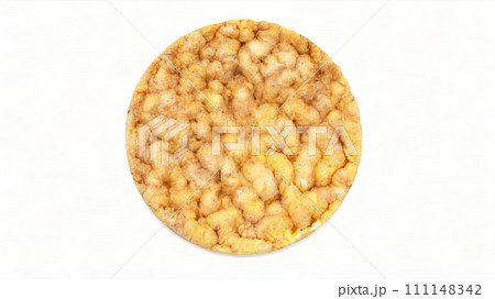 Round puffed rice cakes on a white background. Bread, bread crusts. Diet food concept. Healthy food. Rice bread 111148342