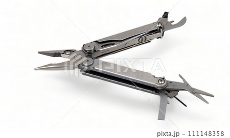 Opened modern steel multitool with pliers, file, blade, screwdriver, scissors, bottle opener and saw, on a white background. Compact and portable product. Pocket knife. EDC concept 111148358