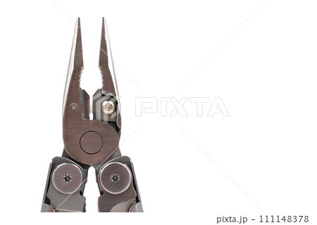 One modern gray iron open folding multifunctional knife on a white background. Multi-tool with advanced tools. Pliers close up. Compact and portable product. Pocket knife. EDC concept. Copy space 111148378