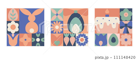 Abstract modern square easter geometric cards, banners. Spring, easter postcards with flowers, bunny, eggs. 111148420