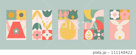 Abstract modern easter geometric cards, banners. Spring, easter postcards with flowers, bunny, pinwheel. 111148422