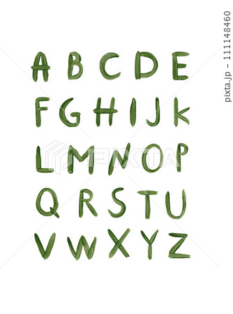 Alphabet with capital letters. Green textured acrylic font. Handwritten typographic font with strokes. Hand drawn characters with paint texture. Capital letters 111148460
