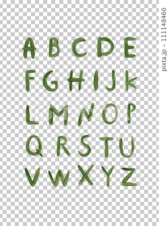 Alphabet with capital letters. Green textured acrylic font. Handwritten typographic font with strokes. Hand drawn characters with paint texture. Capital letters 111148460