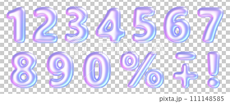 Holographic number 3d illustration set. Purple and pink gradient chrome glossy inflatable balloon numbers and sign of percentage, plus, exclamation mark for creating sale or congratulation banner. 111148585