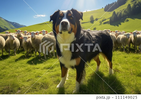 Alert dog of swiss mountain dog or sennenhund breed herding and guarding a flock of sheep at sunny highlands pasture with green grass. AI Generative 111149025