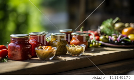 Homemade smached pickled vegetables in glass jars. Autumn food harvesting from vegetable garden, AI Generative Homemade smached pickled vegetables in glass jars. Autumn food harvesting from vegetable garden, AI Generative 111149179