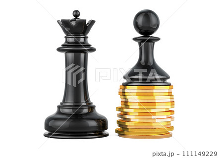 Business Strategy and Leadership, concept. Chess queen and pawn on stack golden coins. 3D rendering Business Strategy and Leadership, concept. Chess queen and pawn on stack golden coins. 3D rendering 111149229