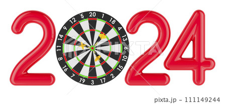 Target and mission in 2024, concept with darts in bullseye. 3D rendering 111149244