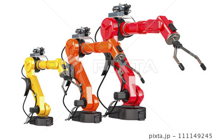 Robotic Arms, different sizes and colors. 3D rendering Robotic Arms, different sizes and colors. 3D rendering 111149245