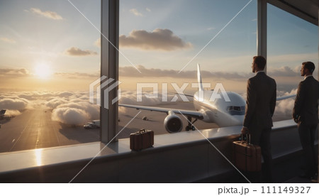 Business people in business attire wait at the airport, look at the tarmac with planes standing and flying, and make their way to boarding 111149327