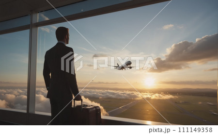 Business people in business attire wait at the airport, look at the tarmac with planes standing and flying, and make their way to boarding 111149358
